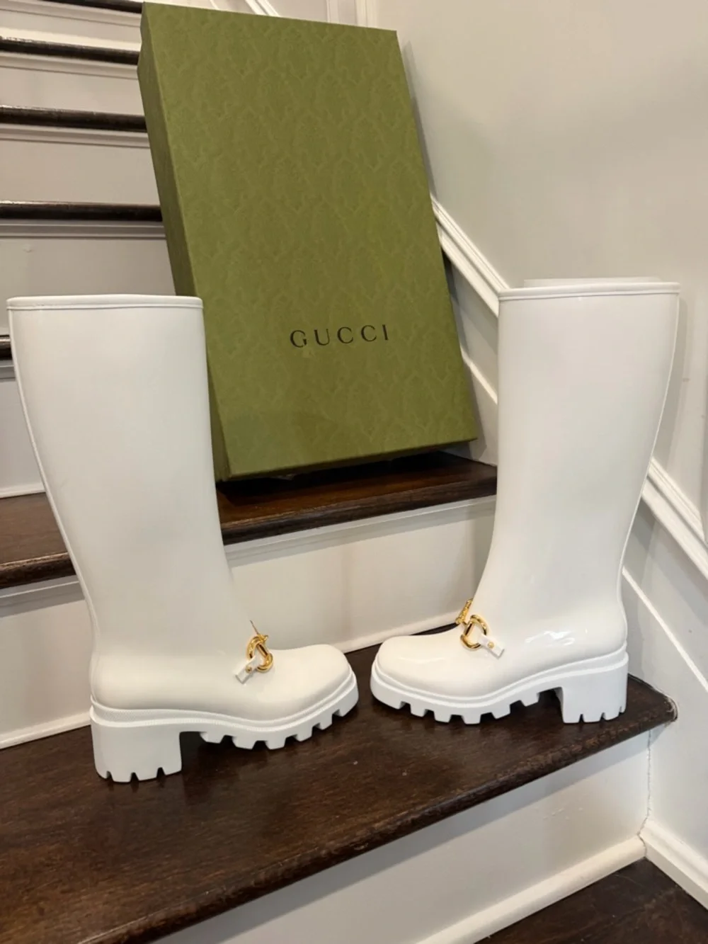 Gucci White Rubber Rain Boots with Gold Horsebit - Picture 3 of 9